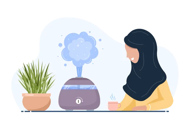 Arab woman enjoys the fresh moist air at home Illustration