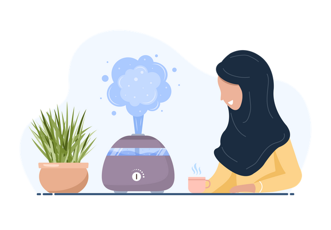 Arab woman enjoys the fresh moist air at home  Illustration