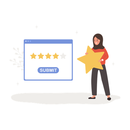 Arab woman holding star and giving five stars rating  Illustration