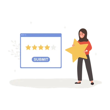Customer Review Concept Arab Woman Holding Star And Giving Five Stars Rating Dialog Window In Application With Feedback Positive Response Vector Illustration In Flat Cartoon Style Illustration