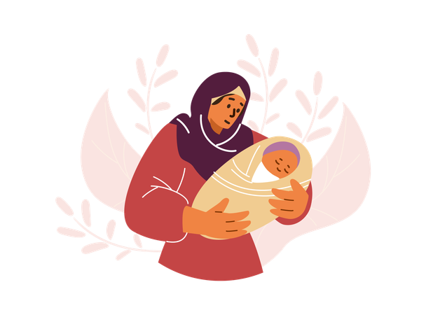 Arab woman in hijab holds son in her arms  Illustration