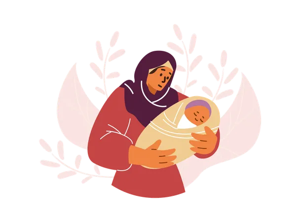 Arab woman in hijab holds son in her arms  Illustration