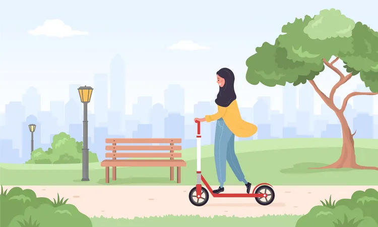 Arab woman in hijab riding kick scooter  Illustration