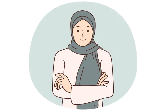 ヒジャブをかぶったアラブ人女性が腕を組んで立ち、スクリーンを見ている  イラスト
