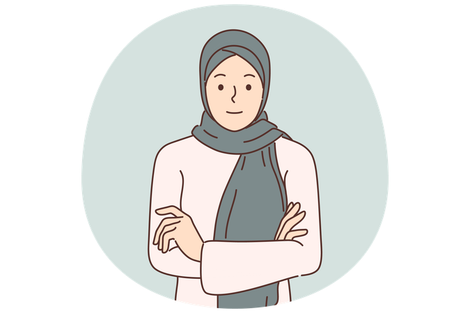 Arab woman in hijab standing with arms crossed and looks at screen  Illustration