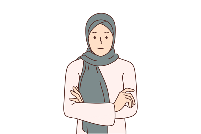 Arab woman in hijab stands with arms crossed  Illustration