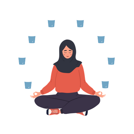 Arab Woman In Lotus Position With Glasses Of Water  Illustration