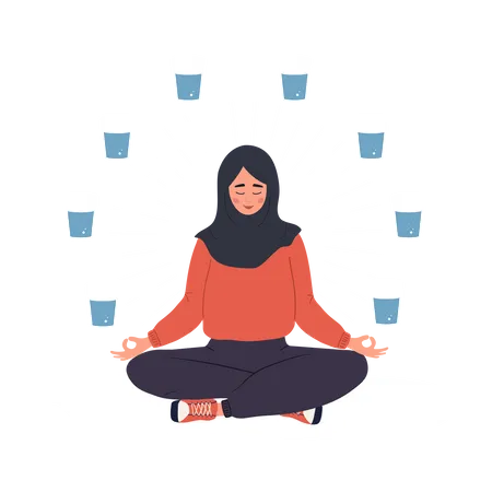 Water Balance Arab Woman In Lotus Position With Glasses Of Water Morning Routine Maintaining Daily Water Balance In Body Vector Illustration In Flat Cartoon Style Illustration
