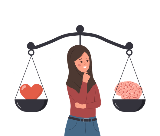 Arab Woman Looking At Scale With Love In One Side And Practical In Opposite  Illustration