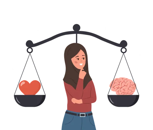 Arab Woman Looking At Scale With Love In One Side And Practical In Opposite  Illustration