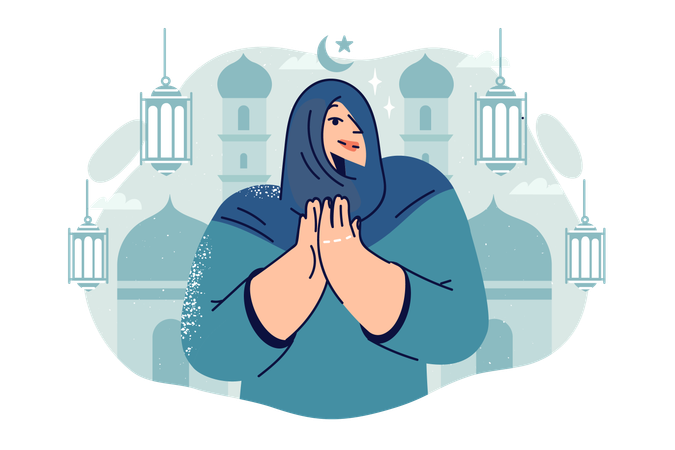 Arab woman prays standing near mosque  일러스트레이션