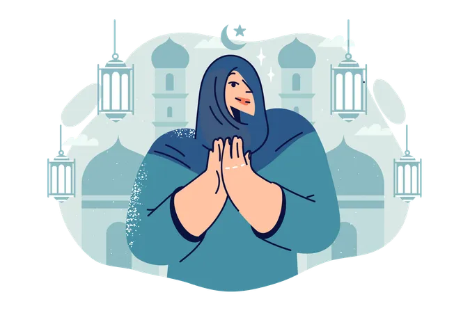 Arab Woman Prays Standing Near Mosque And Turns To Allah For Blessings During Holy Islamic Holiday Of Ramadan Girl With Islamic Headscarf Calls For Observance Of Canons Of Religion イラスト