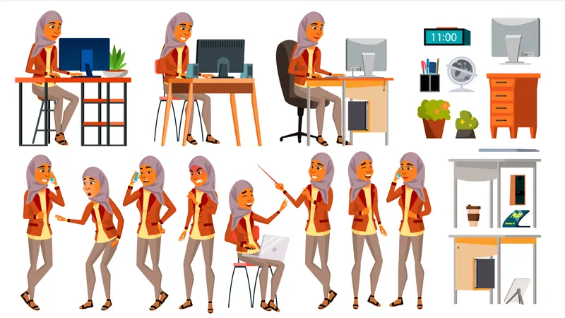 Arab Woman Set Office Worker  Illustration