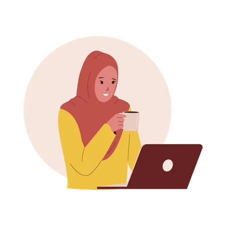 Arab Woman using laptop and drink coffee  Illustration