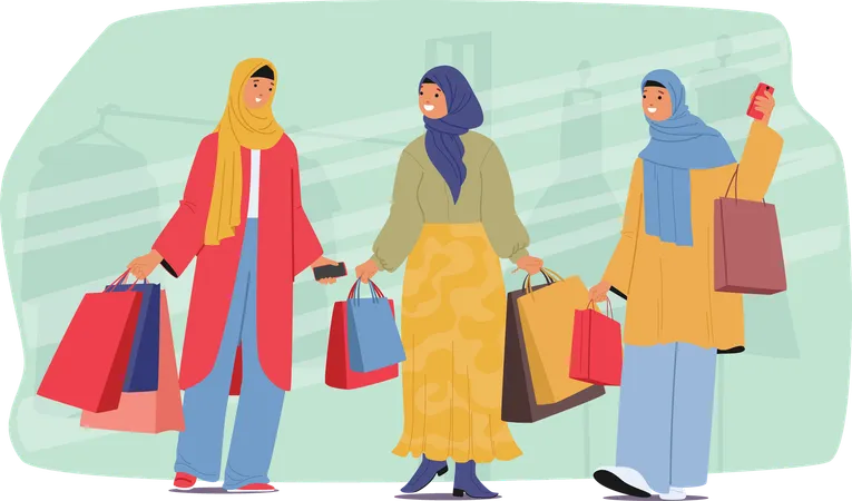 Arab woman walking carrying shopping bags sharing expression after shopping  Illustration