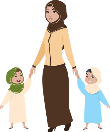 Arab woman walking with kids Illustration