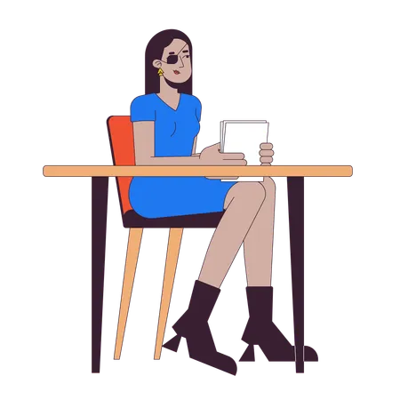 Arab Woman With Eye Patch In Office 2 D Linear Cartoon Character Middle Eastern Female With Disability At Workplace Isolated Line Vector Person White Background Inclusion Color Flat Spot Illustration Illustration
