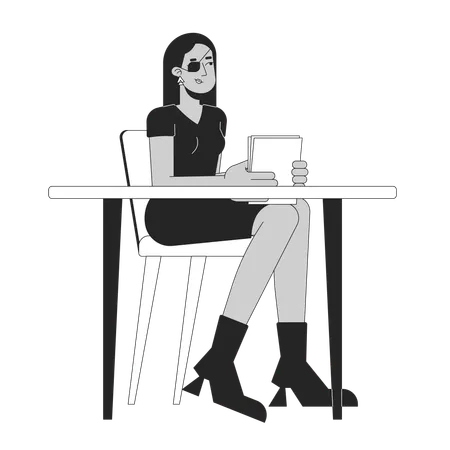 사무실 흑백 2 D 라인 만화 캐릭터에 눈 패치를 한 아랍 여성 장애가 있는 중동 여성은 벡터 개요 사람을 격리했습니다 포함 단색 플랫 스팟 그림 일러스트레이션