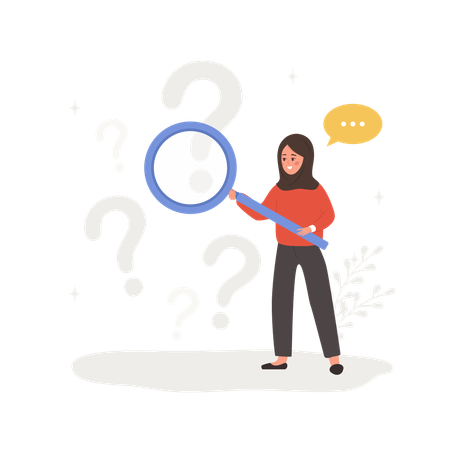 Arab woman with magnifying glass search for answers  イラスト