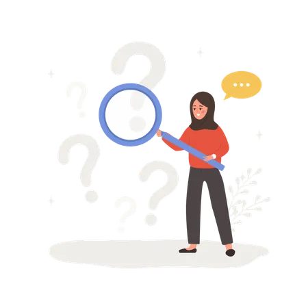 Arab woman with magnifying glass search for answers  Illustration