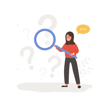 Arab woman with magnifying glass search for answers  Illustration