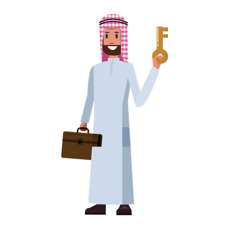 Empresário árabe segurando a chave e a mala  Ilustração
