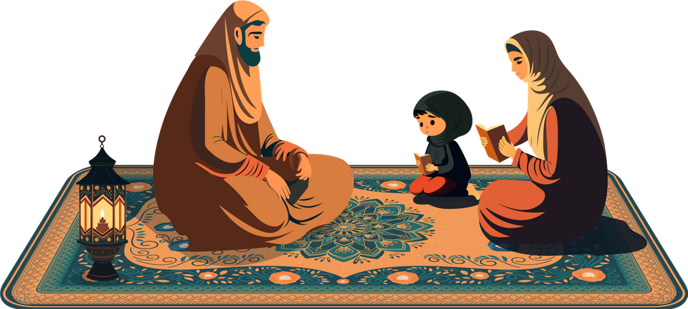 Família árabe lendo o livro sagrado juntos  Ilustração