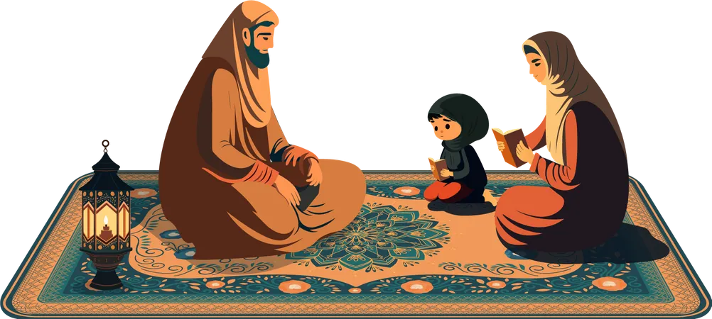 Família árabe lendo o livro sagrado juntos  Ilustração
