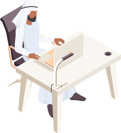Homem árabe trabalhando no escritório  Ilustração