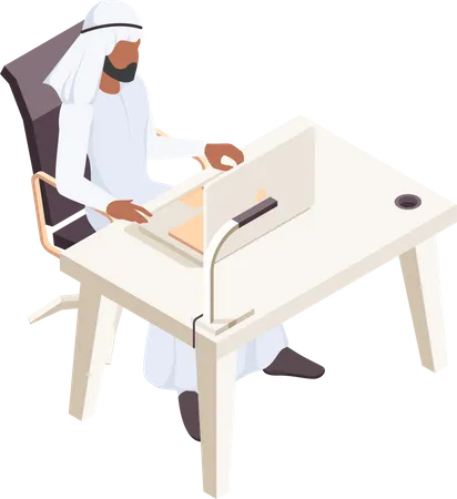 Homem árabe trabalhando no escritório  Ilustração