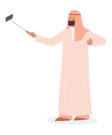 Árabe tirando foto usando selfie stick  Ilustração