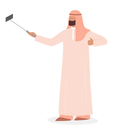 Homem Muculmano Tirando Selfie Personagem Arabe Tirando Foto De Si Mesmo Com Bastao De Selfie Ilustracao Vetorial Isolada Ilustração