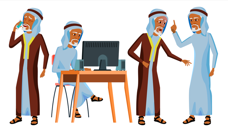 Velho árabe trabalhando no escritório com diferentes gestos de trabalho  Ilustração