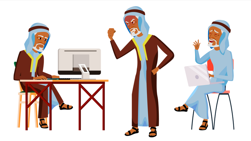Velho árabe trabalhando no escritório com diferentes gestos de trabalho  Ilustração