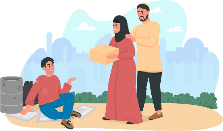 Arabian couple helping homeless person  Illustration