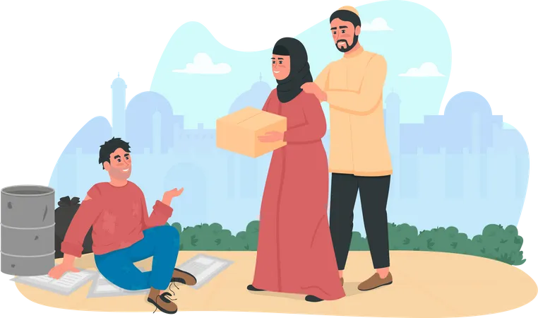 Arabian couple helping homeless person  Illustration