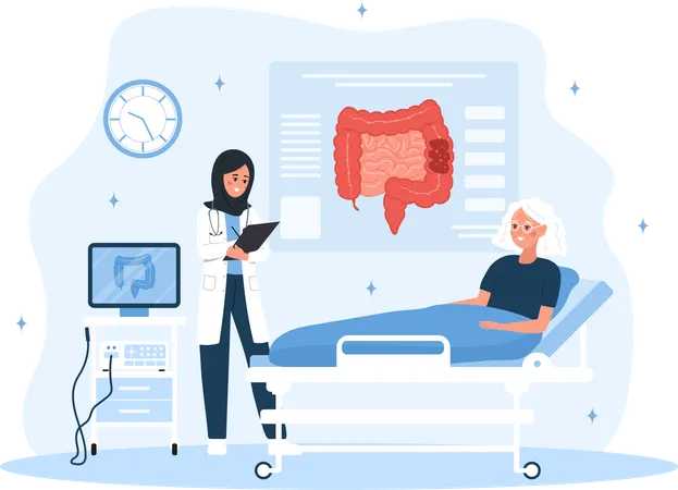 Colonoscopy Concept Arabian Female Proctologist Examine Intestine Elderly Woman Is Being Examined In Hospital Vector Illustration In Flat Cartoon Style Colon Health Prevention Of Cancer Illustration
