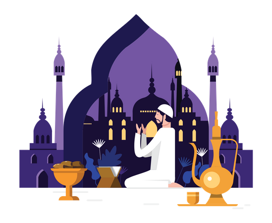 Arabian man doing Namaz before eating Illustration