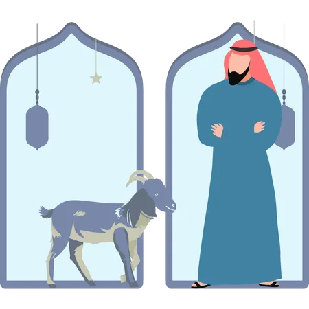 Arabian man looking at goat  Illustration