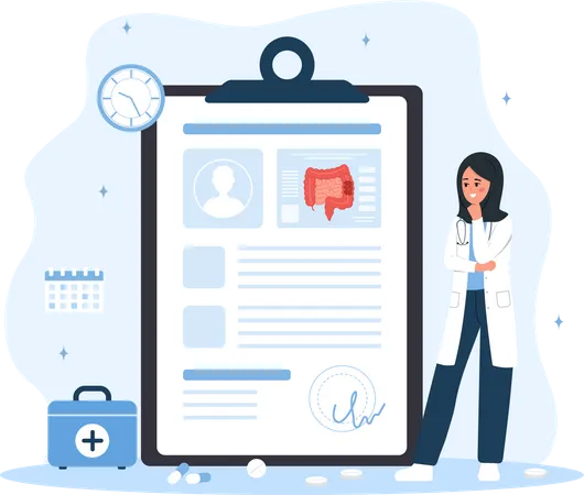 Proctologist Concept Female Doctor Make Diagnosis And Choose Treatment Methods Arabian Woman In Lab Coat Analysis Intestine Prevention Of Cancer Cartoon Vector Illustration Colon Diseases Illustration