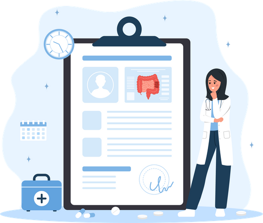 Arabian woman in lab coat analysis intestine  Illustration