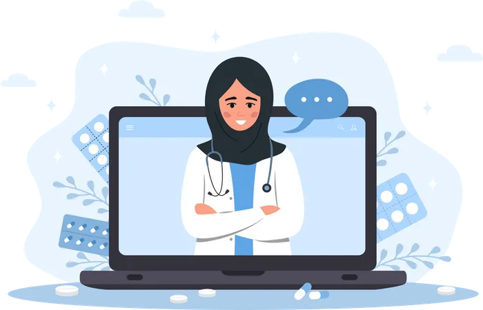 Arabian woman therapist on laptop with video call Illustration