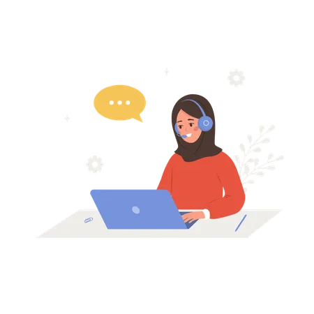 Customer Support Concept Call Center Or Hotline Arabian Woman With Headphones And Microphone With Laptop Operator Advises Clients Vector Illustration In Flat Cartoon Style Illustration