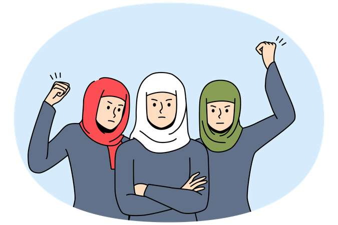 Arabian women in hijabs at protest  Illustration