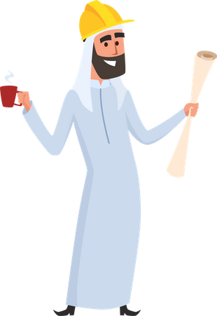 Arabic builder holding house plan and coffee  Illustration