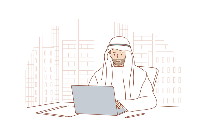 Arabic businessman working on laptop  Illustration