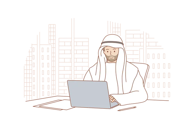 Arabic businessman working on laptop  Illustration