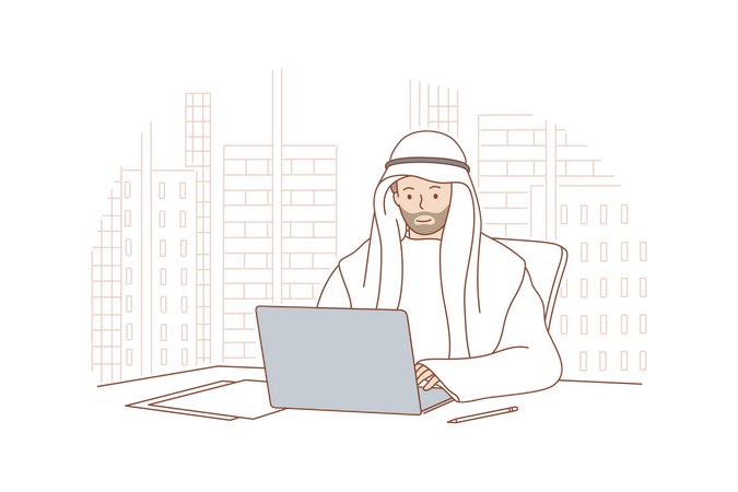 Arabic businessman working on laptop  Illustration