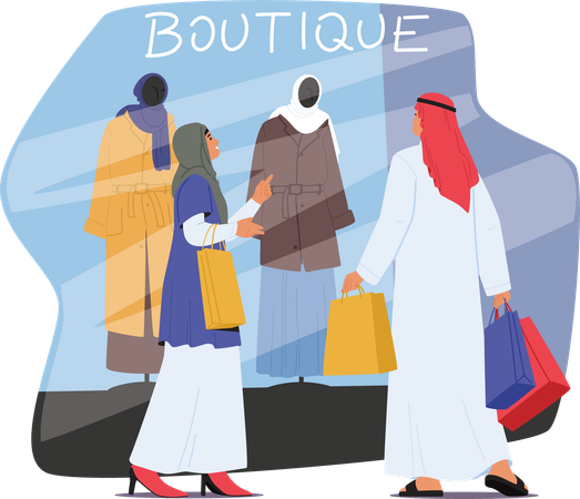 Arabic couple walking with shopping bags standing at boutique window showcase  Illustration