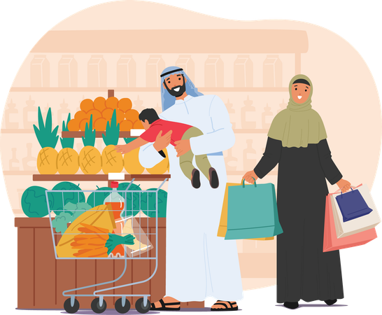 Arabic family with toddler shopping at supermarket  Illustration